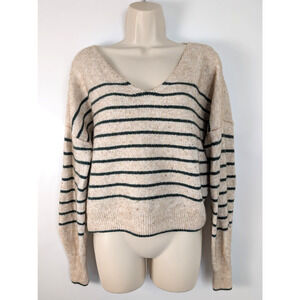 Madewell Womens V Neck Green Striped Merino Wool Boxy Sweater Sz M Holiday